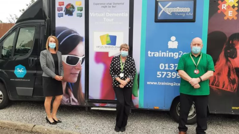 Home Manager Alison Aberdeen, Deputy Home Manager Teresa Picton and Home Trainer Ian Morgan with the Dementia Bus.