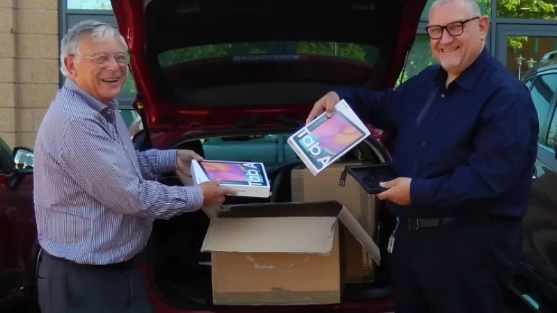 The presentation of 30 Galaxy Tablets by David Dey, Worcestershire Provincial Grand Charity Steward, to Jason Levy, Charity Director Worcestershire Acute Hospitals NHS Trust