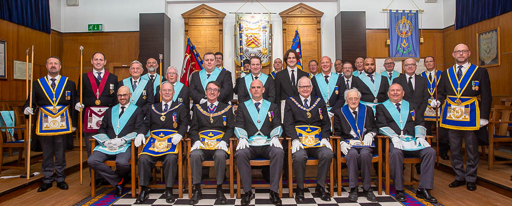 150th Anniversary meeting of Langthorne Lodge with Paul Tarrant (centre left), Adrian Lister (centre) and Nick Franklin (centre right)