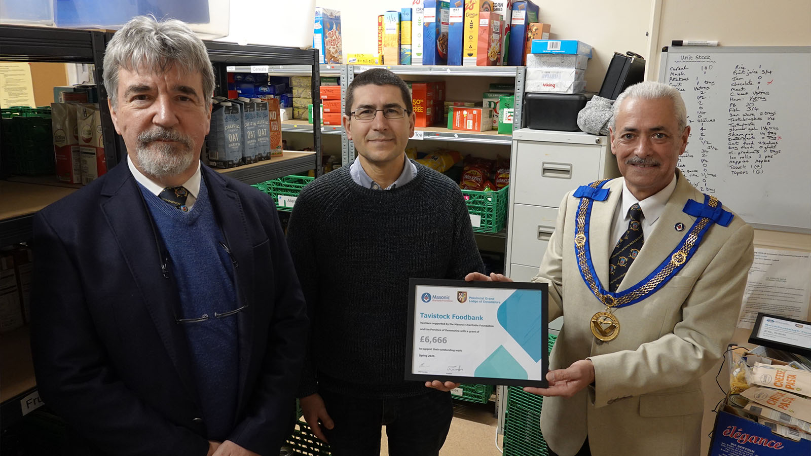 left to right: W Bro Reuben Ayres (Provincial Charity Steward Devonshire), Reverent Robert Weston (Acting Chair Tavistock foodbank and United Reformed Minister), W Bro Andy Vodden (Assistant Provincial Grand Master Devonshire).