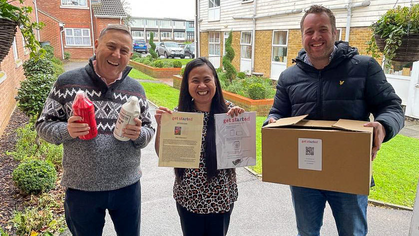 A delivery of art materials to Carolyne House - Chris Bushell of Thurrock Lodge, Avigail Paguibitan, Carolyne House Manager and Dave Barton of Get Started Art