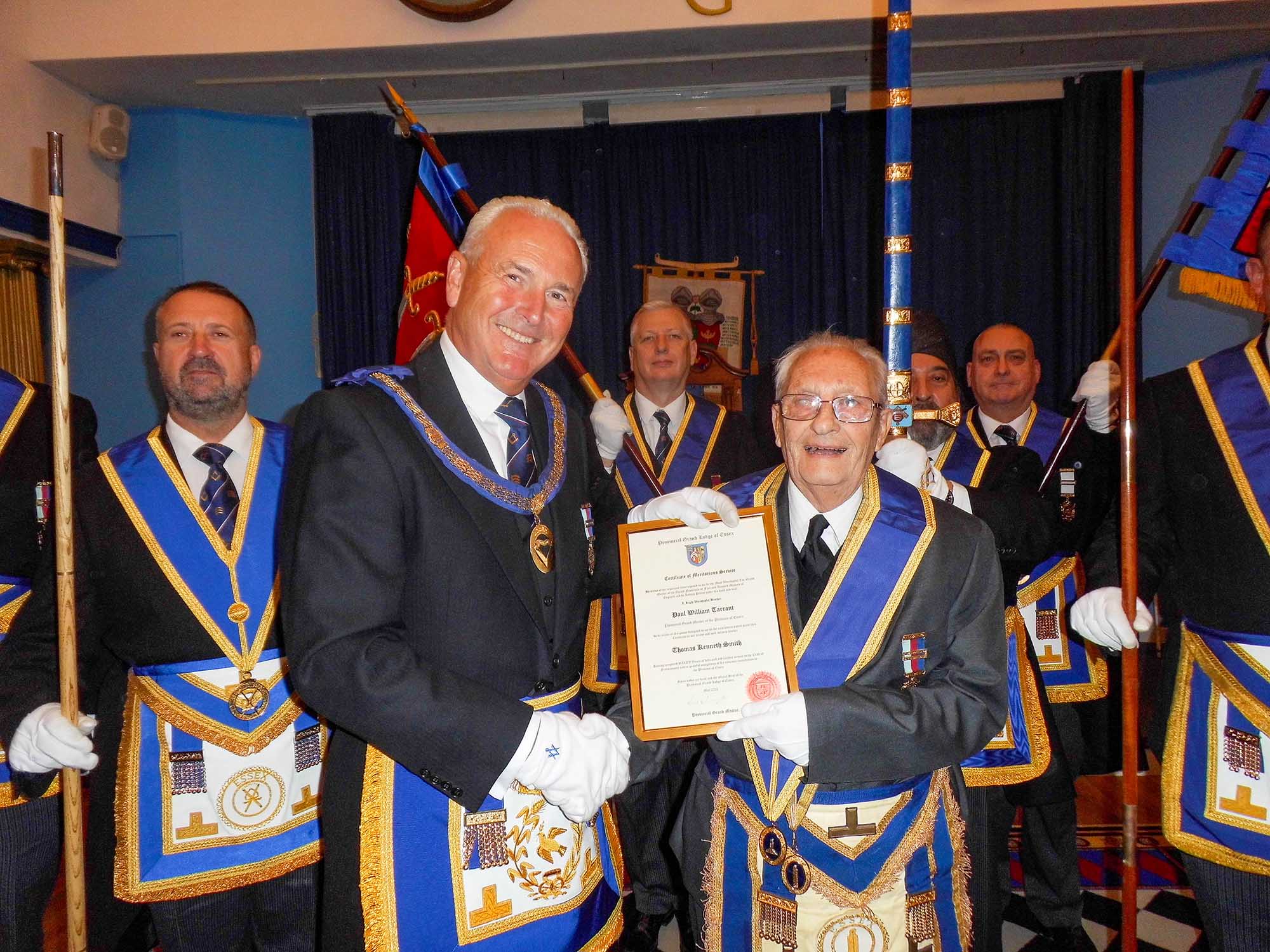 Assistant Provincial Grand Master, Graham Dickerson presenting a 60th Anniversary Certificate to Tommy Smith