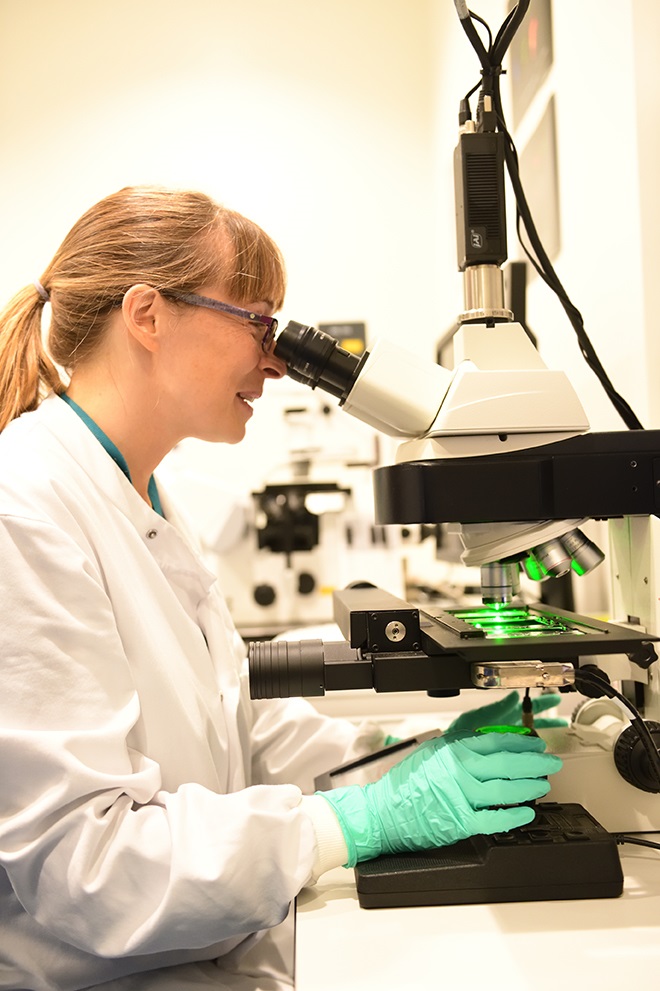 Dr Rachel Hurst looking down a microscope