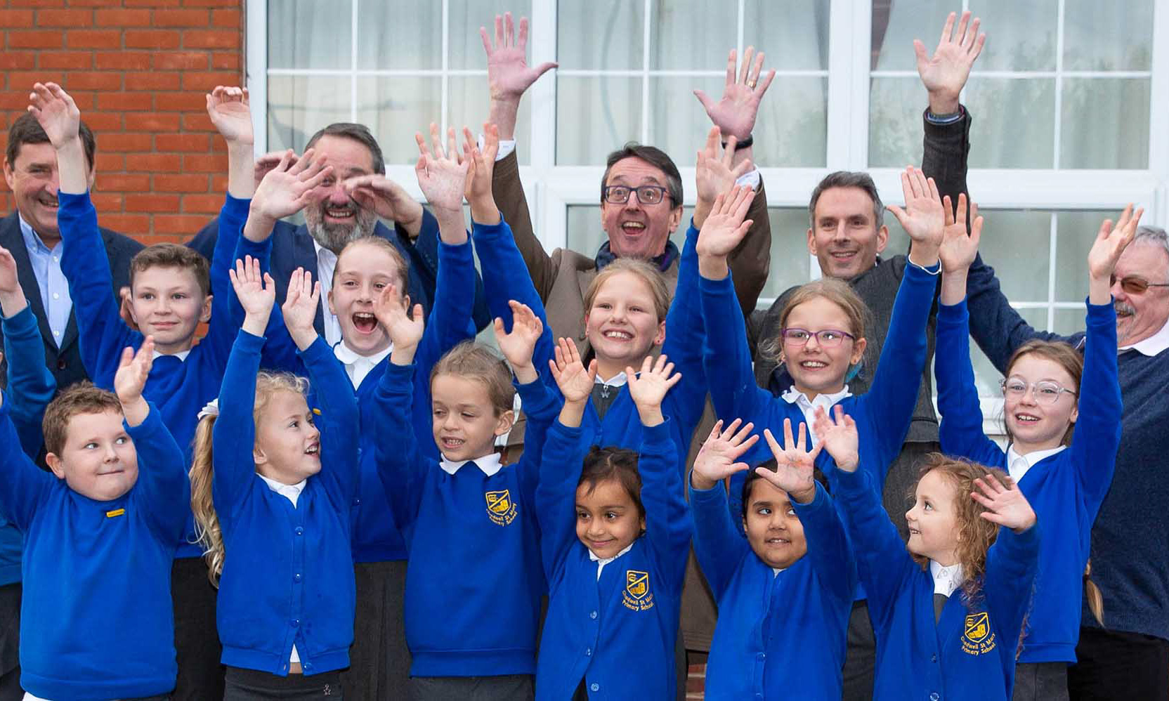 Chadwell St Mary Primary School celebrates with Paul Tarrant (back row centre) and Royal Arch Masons