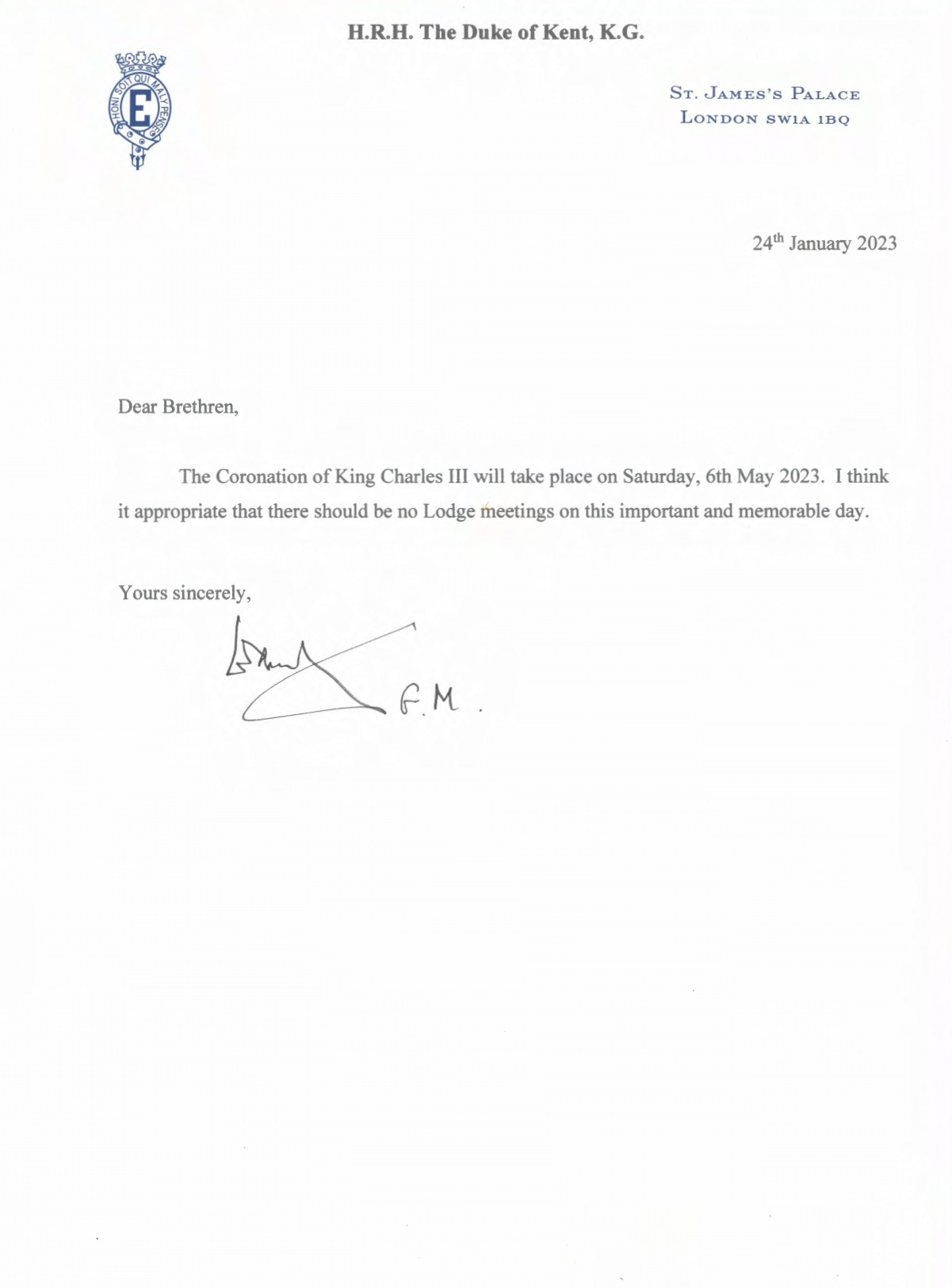 Letter from the Grand Master, HRH The Duke of Kent, KG