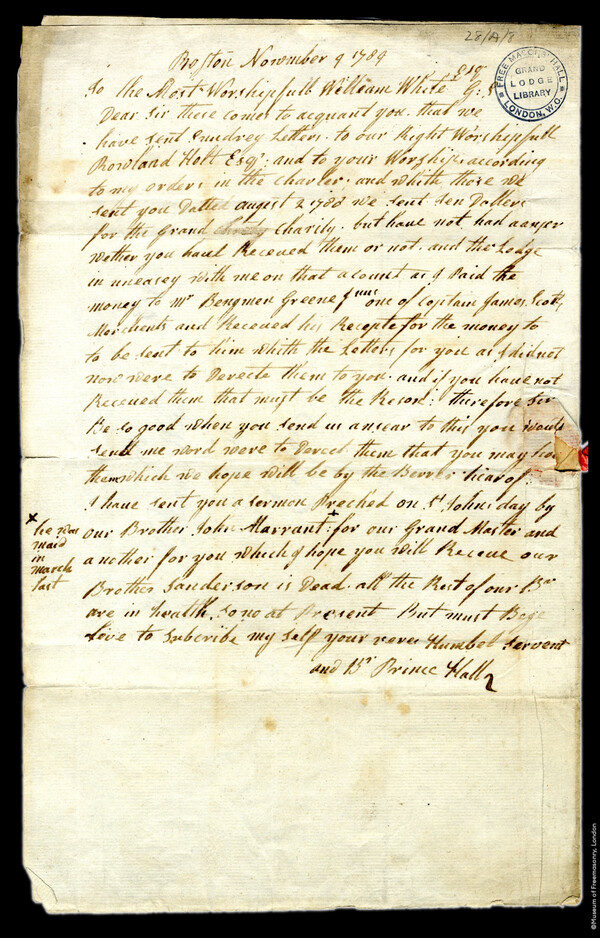 Letter of Prince Hall, Master of African Lodge, to William White, Grand Secretary of the Moderns Grand Lodge, from 1789