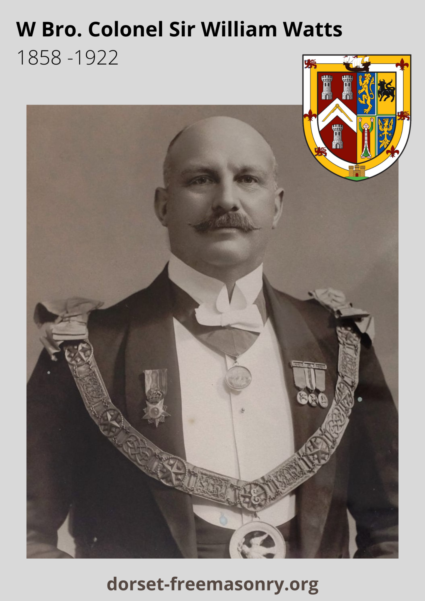 Photo of Colonel Sir William Watts with Dorset Freemasons Logo 