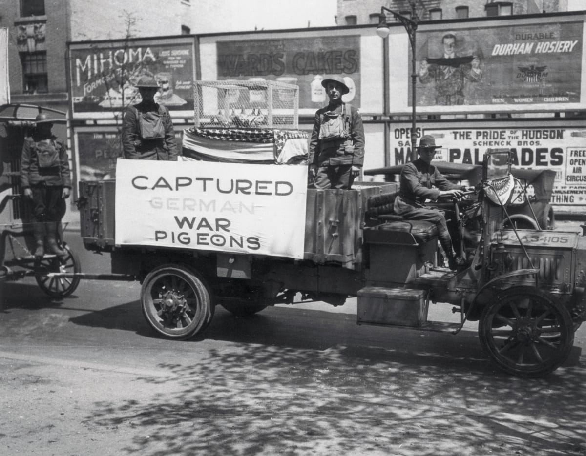 US soldiers stand on a float during a Victory Parade in New York City, holding cages of “Captured German War Pigeons,” May 1919