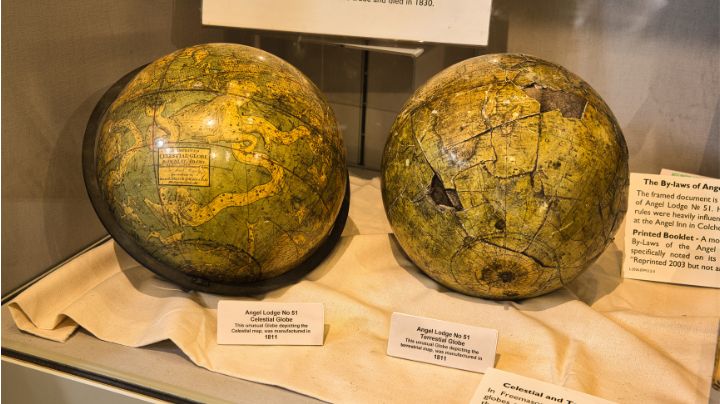 Angel Lodge celestial and terrestrial globes on display at the Foundations of Fellowship Exhibition