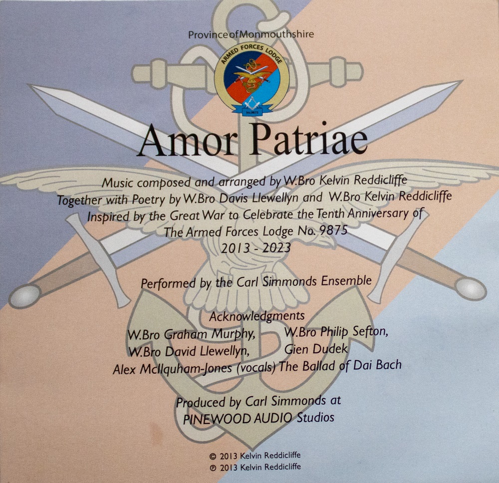 Back cover of Amor Patriae CD for 10 year anniversary of Armed Forces Lodge
