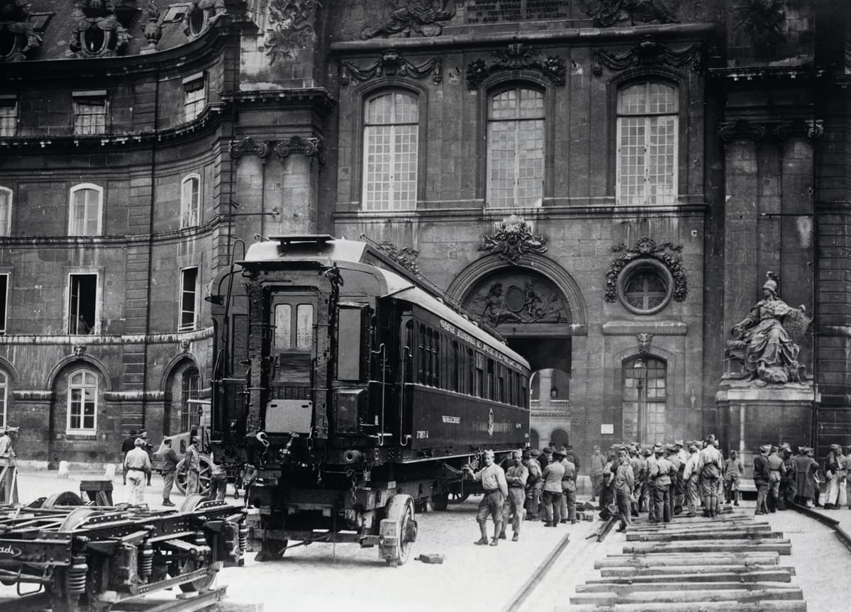The Armistice Carriage in which the Armistice was signed on 11 November 1918, being presented to Germany in 1921