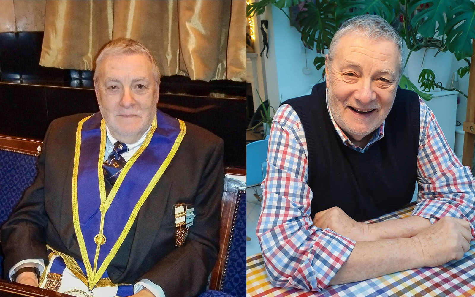 (left) Mike Barnett in full regalia, (right) Mike Barnett in his casual clothing