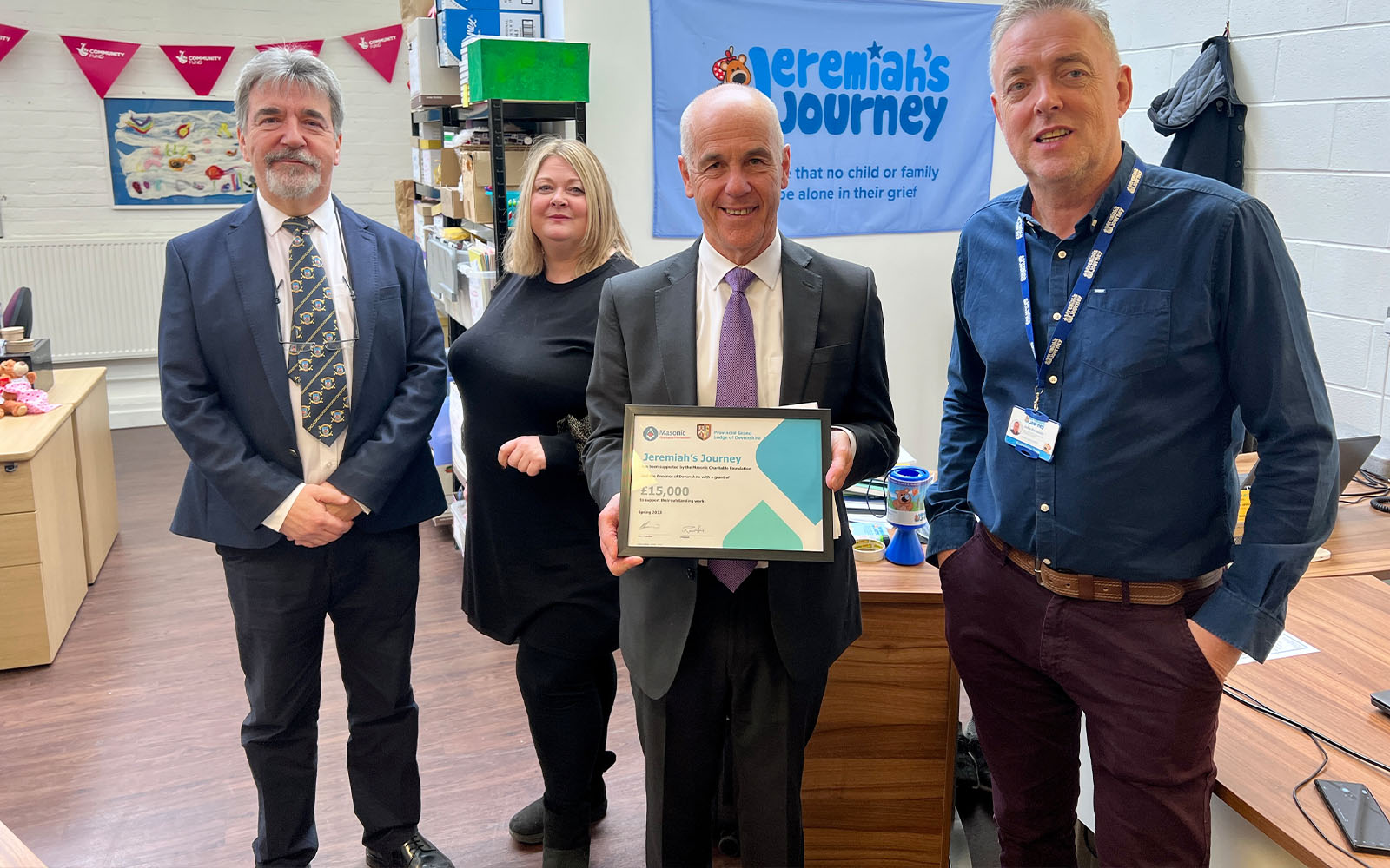 Reuben Ayres (Charity Steward Devonshire Freemasons, Tanya Woodland (CEO Jeremiah’s Journey), Nicholas Ball (Provincial Grand Master Designate Devonshire Freemasons), John Naismith (Supporter Engagement Officer Jeremiah’s Journey).