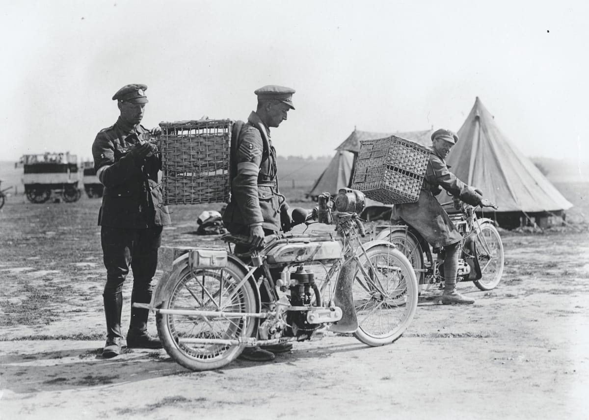 British army bikers taking carrier pigeons to the front line, c.1915