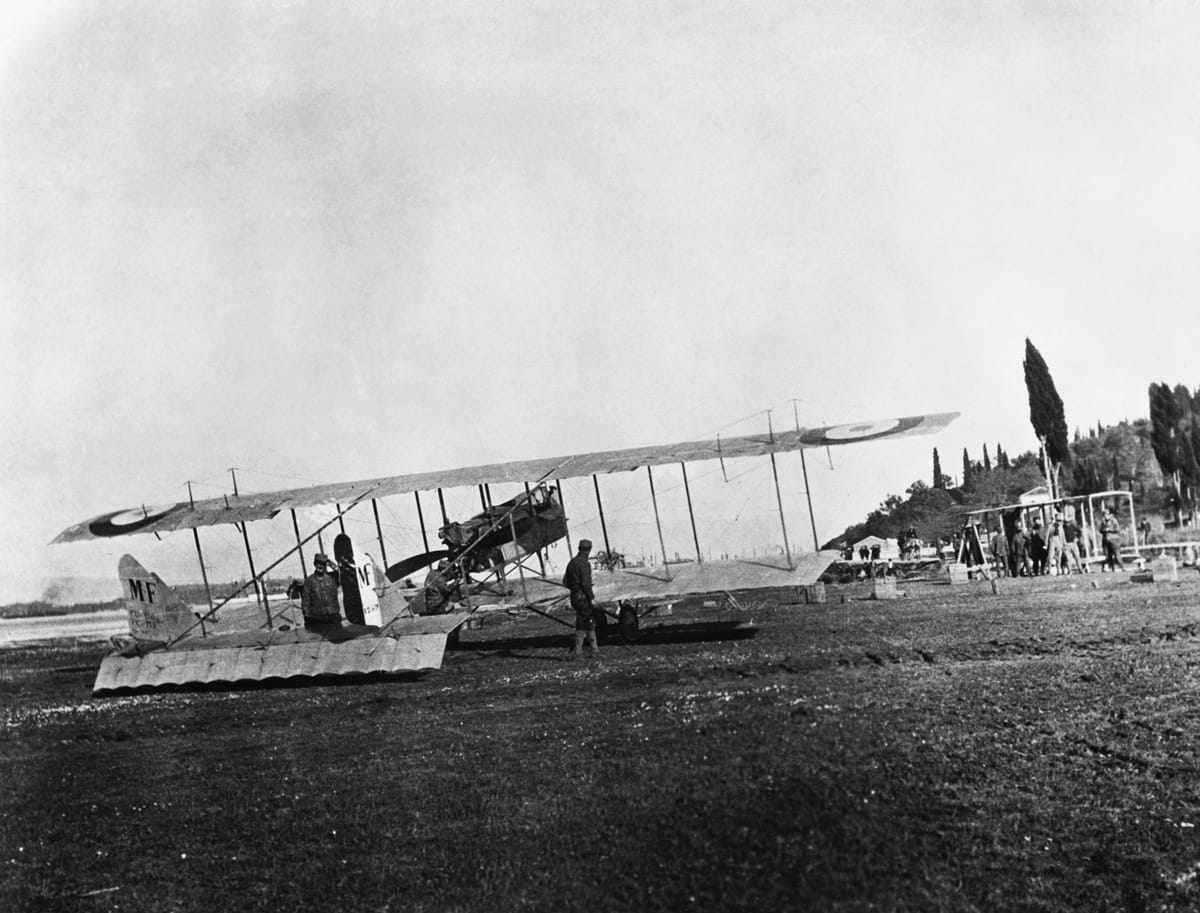 British Bi-Plane prepares for takeoff, Corfu, Greece c.1917