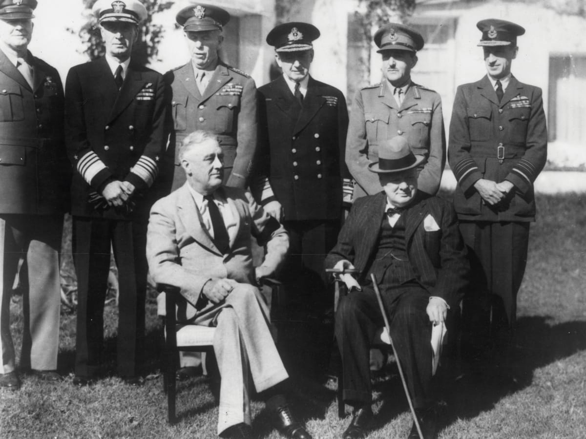 Conference affirming that Allies would fight the Axis powers until unconditional surrender: President Franklin D. Roosevelt; PM Winston Churchill; Lt. General Henry “Hap” Arnold; Admiral Ernest King; General George C. Marshal; Admiral Sir Dudley Pound; General Sir Alanbrooke; Air Marshal Sir Charles Portal, c.1943