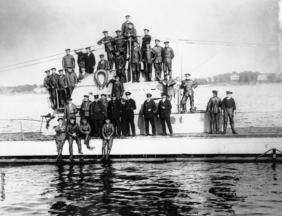 German crew on U-Boat in Newport Harbor, Rhode Island. After a brief visit with local Naval officers and a peek of the local newspapers, the U-Boat departed and on the very next day sank 5 European merchant ships off the coast of Nantucket, Rhode Island, 7 October 1916
