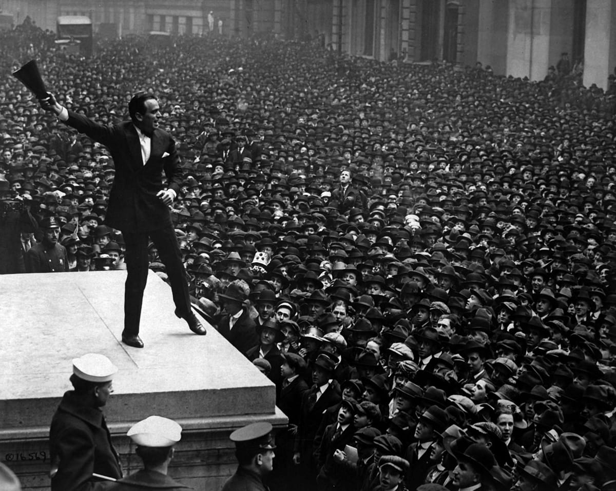 Speaking in front of the Subtreasury Building in New York City to aid the third Liberty Loan bond, April 1918