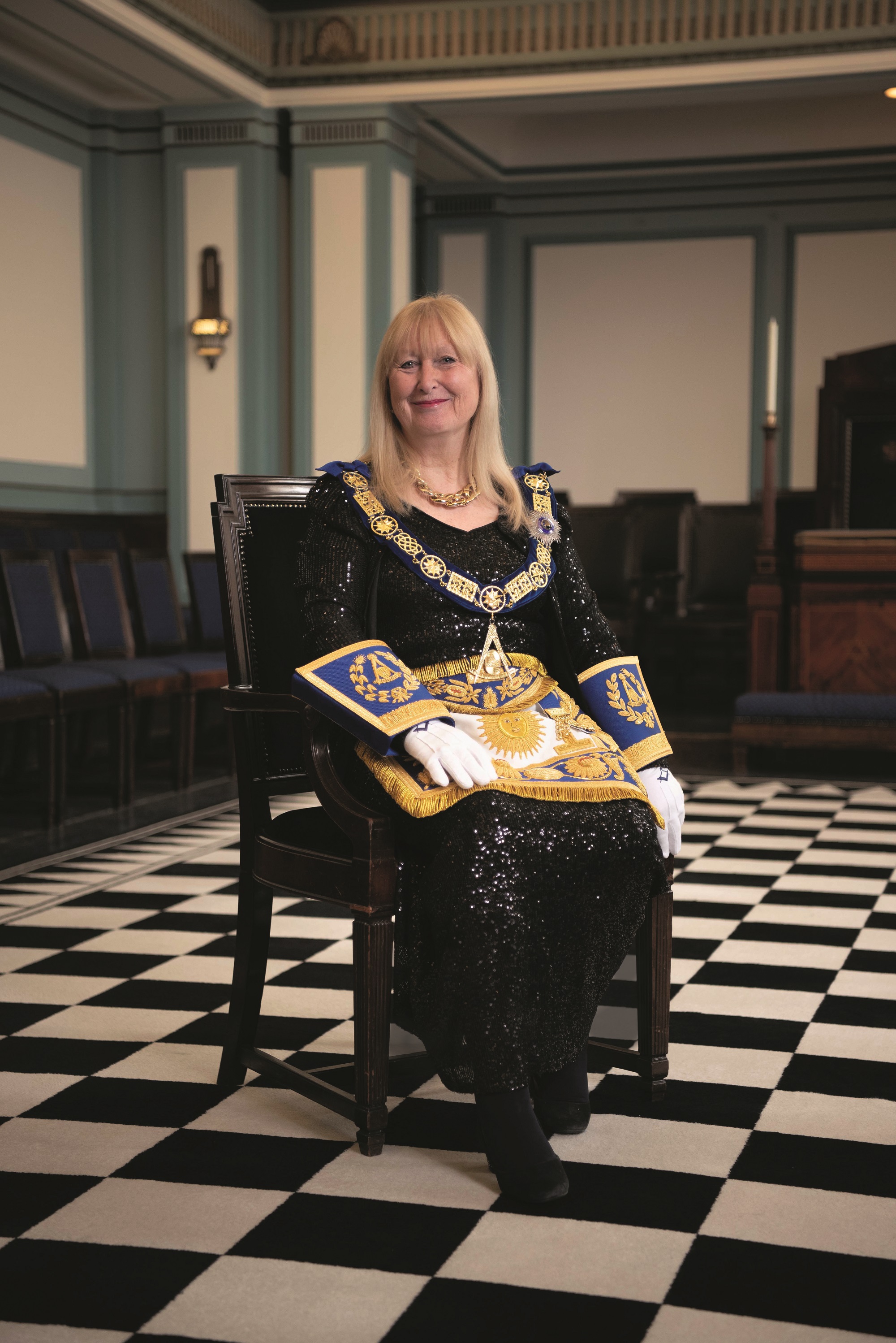 Carol Cole, Grand Master of the Honourable Fraternity of Ancient Freemasons (Freemasonry for women) in her Masonic Regalia