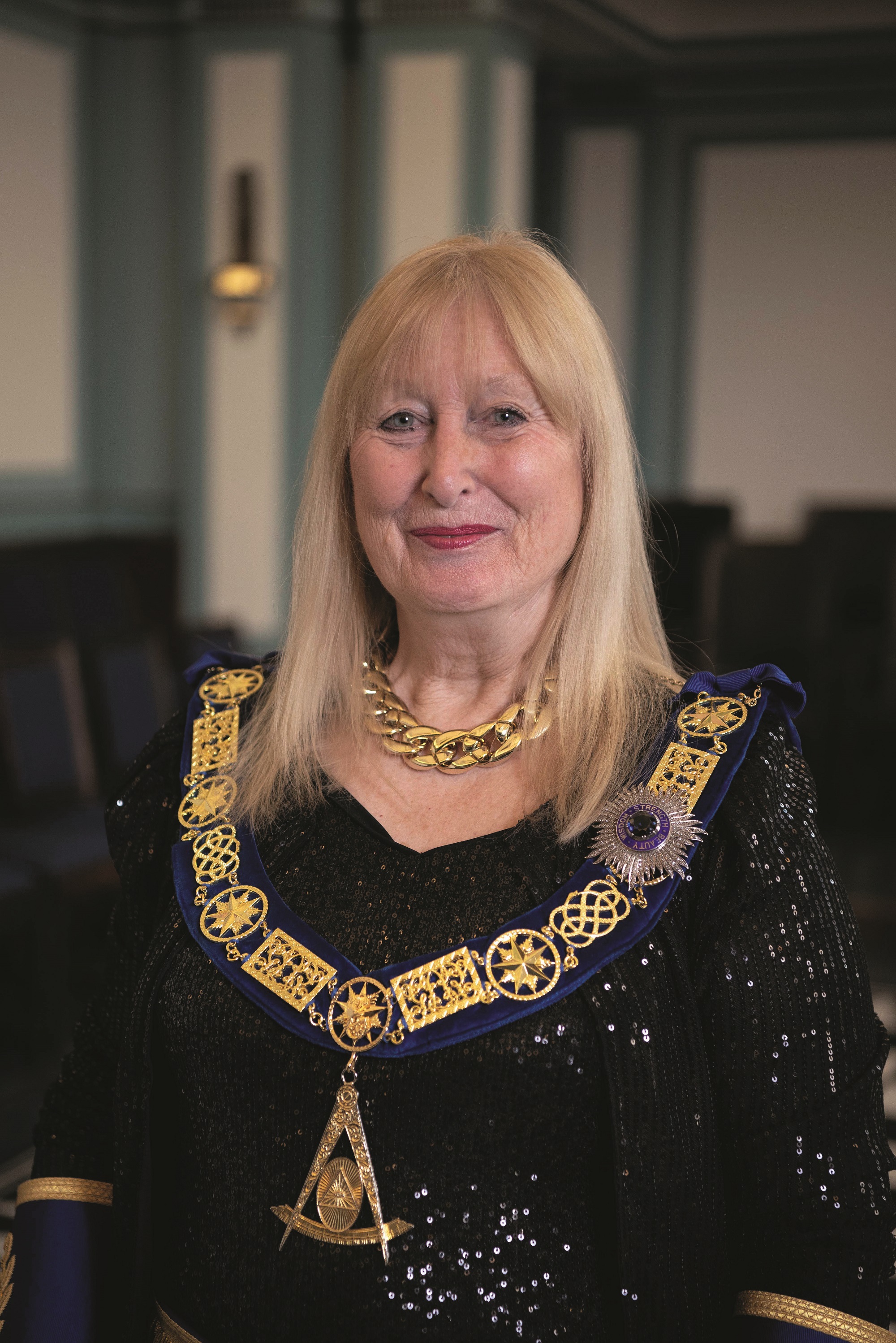 Carol Cole, Grand Master of the Honourable Fraternity of Ancient Freemasons (Freemasonry for women) in her Masonic Regalia