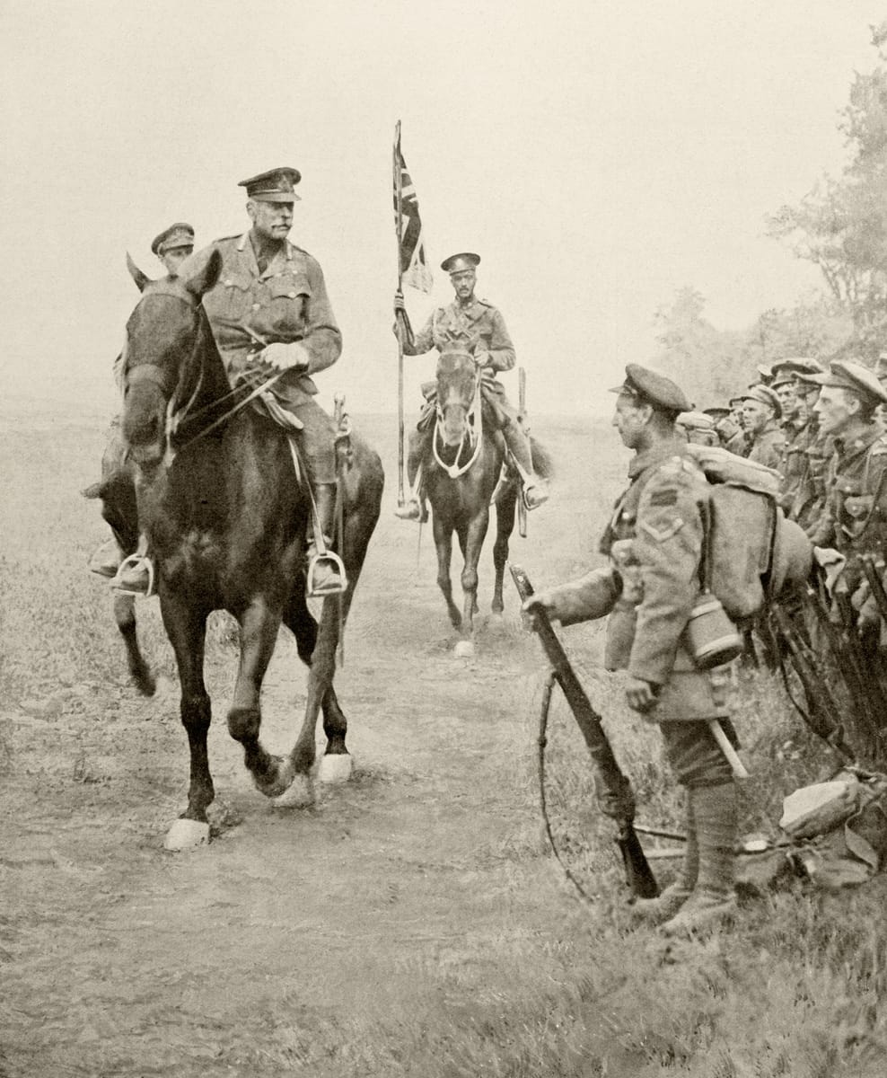 Haig reviewing Canadian troops following their success in breaking through the German line at Drocourt-Quentin, 31 August 1918