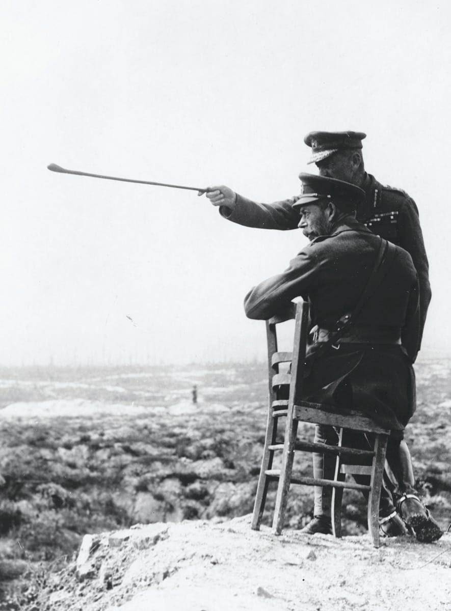 Haig explaining the capture of Thiepval to King George V from the top of Thiepval Chateau, October 1916 John Warwick Brooke/National Library of Scotland