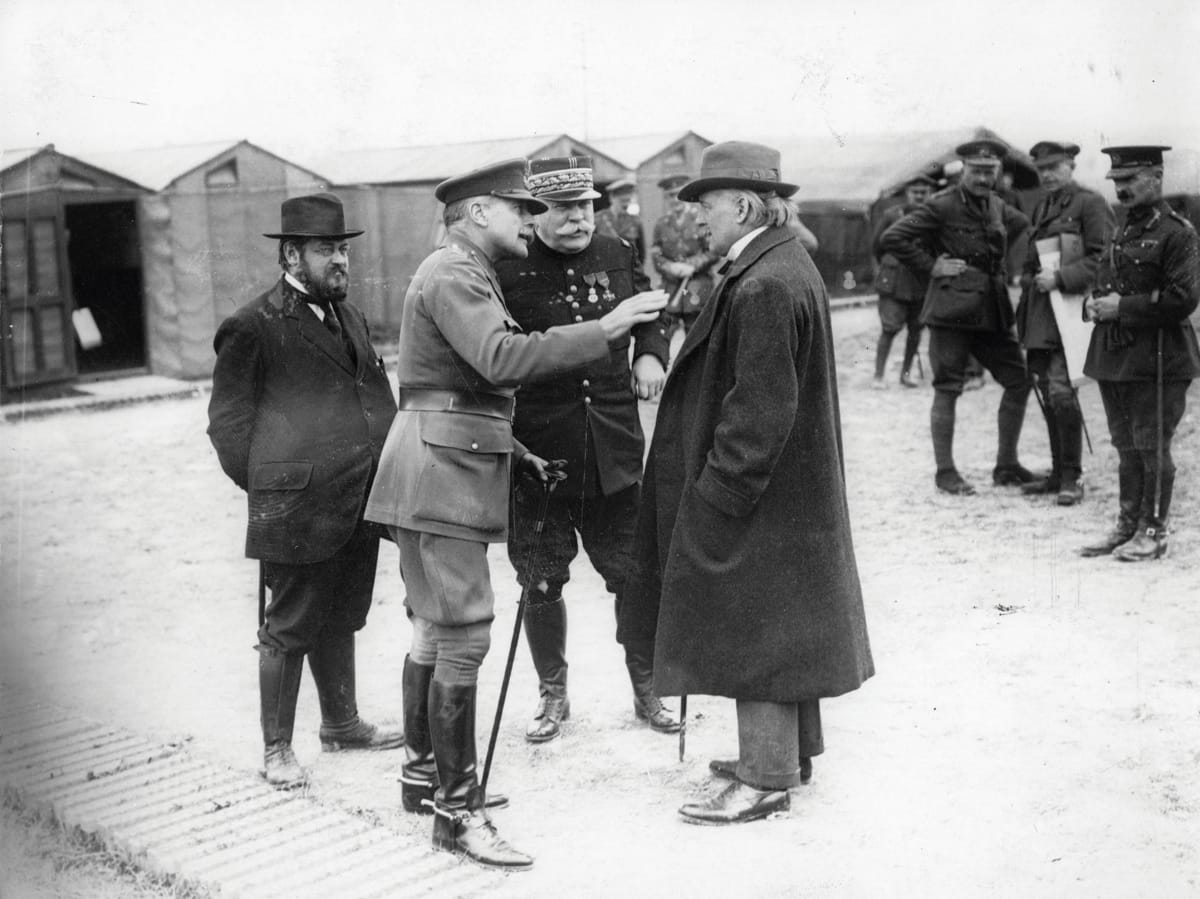Haig with Prime Minister David Lloyd-George and General Joffre at the 14th Army Corps headquarters at Meaulte, France, 12 September 1916