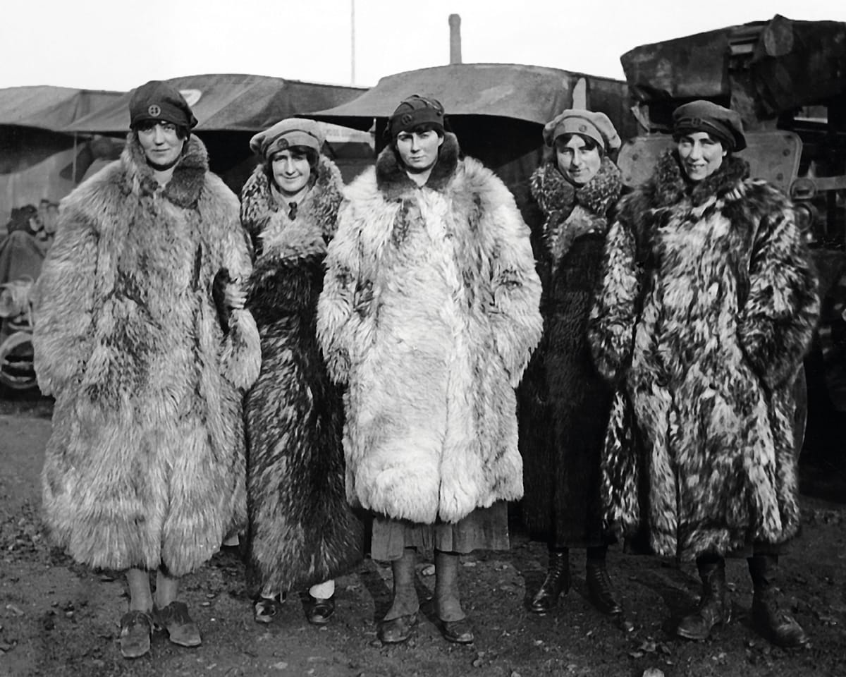 Women of the First Aid Nursing Yeomanry Corps in their fur coats, c.1915