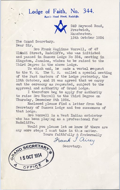 Letter from the Lodge of Faith noting Frank Worrell’s raising (third degree)