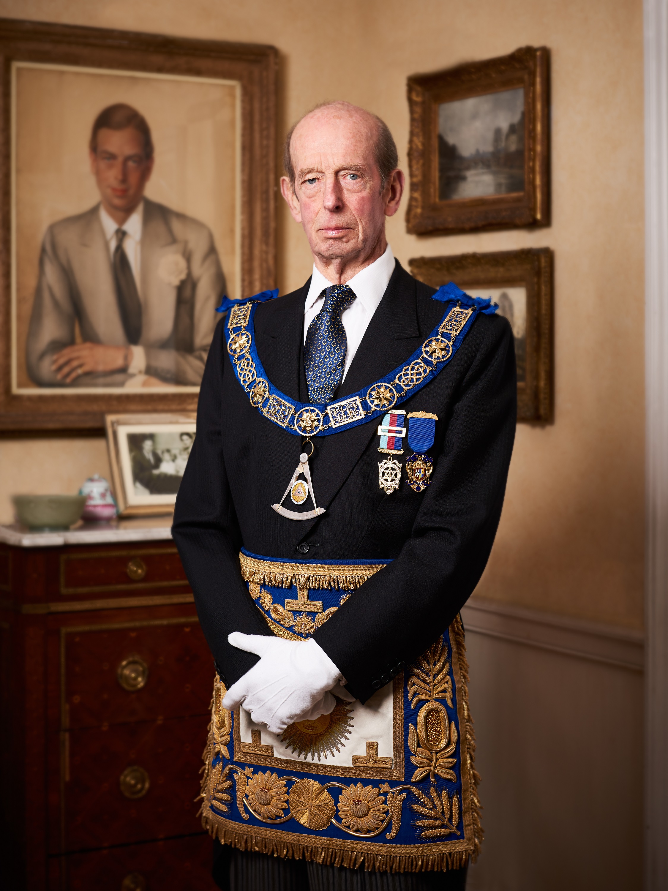 HRH The Duke of Kent, dressed in his Masonic regalia indicating his rank as the Grand Master