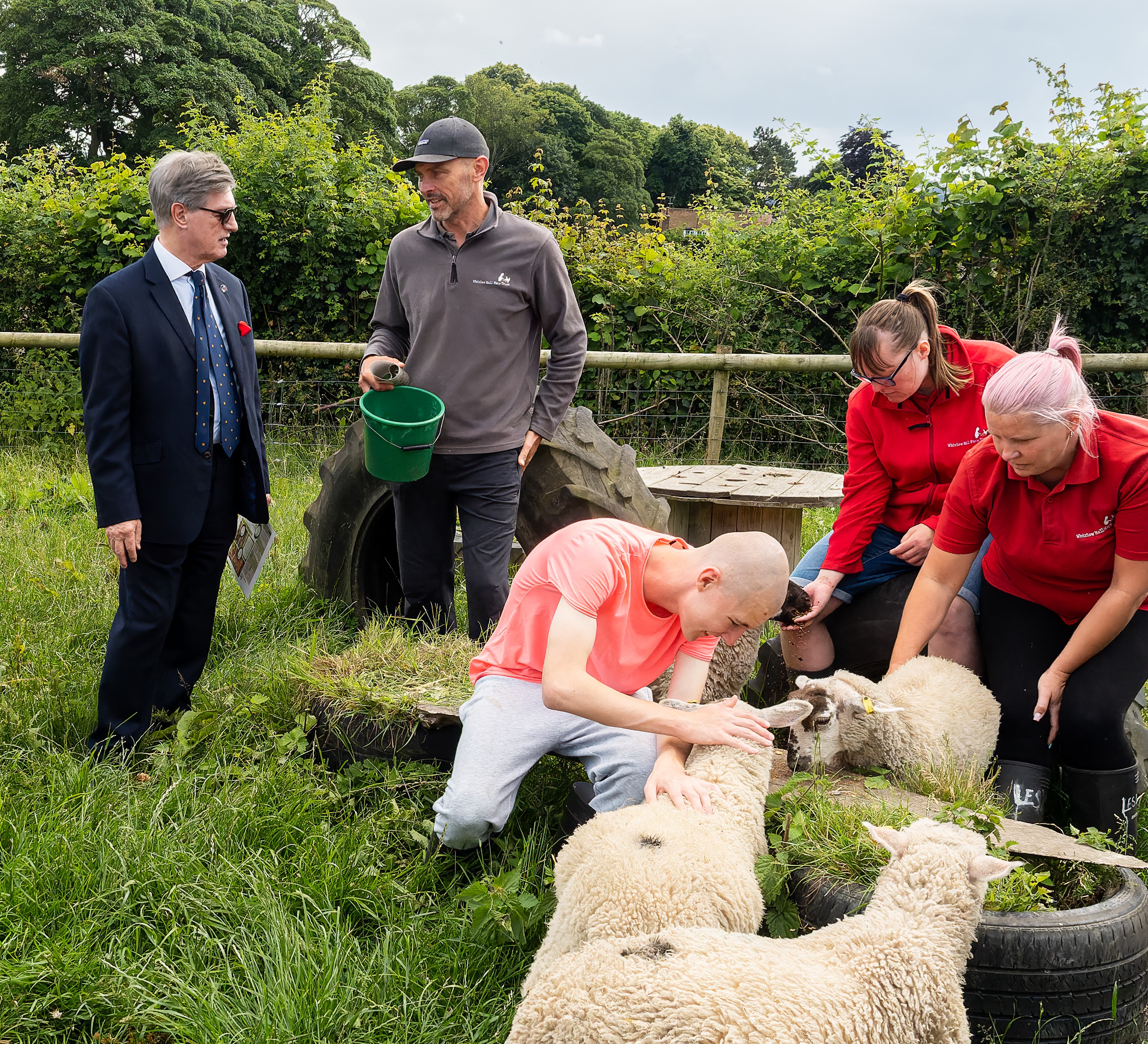 James Newman, the Head Freemason in Yorkshire, West Riding discusses the impact of the Freemasons’ grant with John Gray, Head of the Whirlow Farm Trust’s Education and Development while members of the Farm’s support team and a client demonstrate some of the Farm’s activities