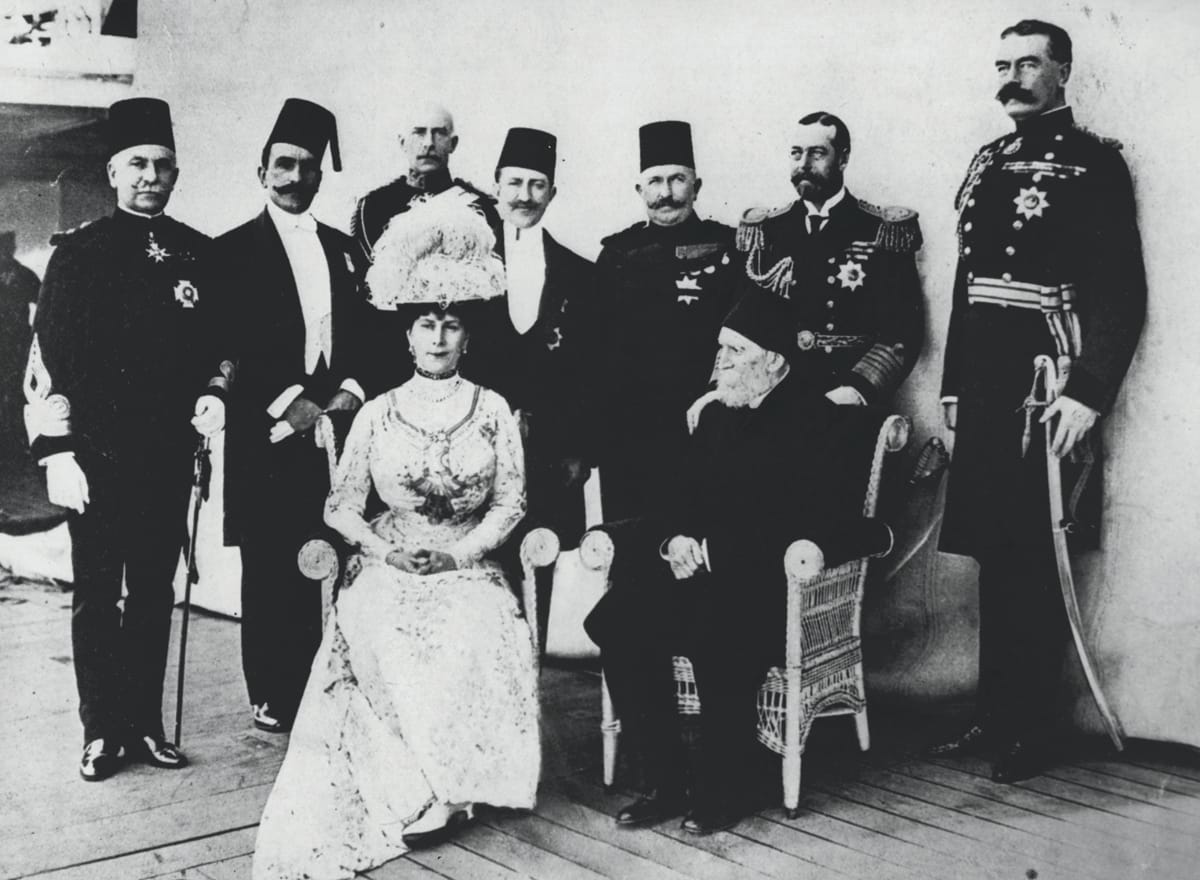Kitchener with King George V, Queen Mary, HH Prince Mohamed Ali Pasha and General Sir Francis Reginald Wingate at Port Said, Egypt, c.1912