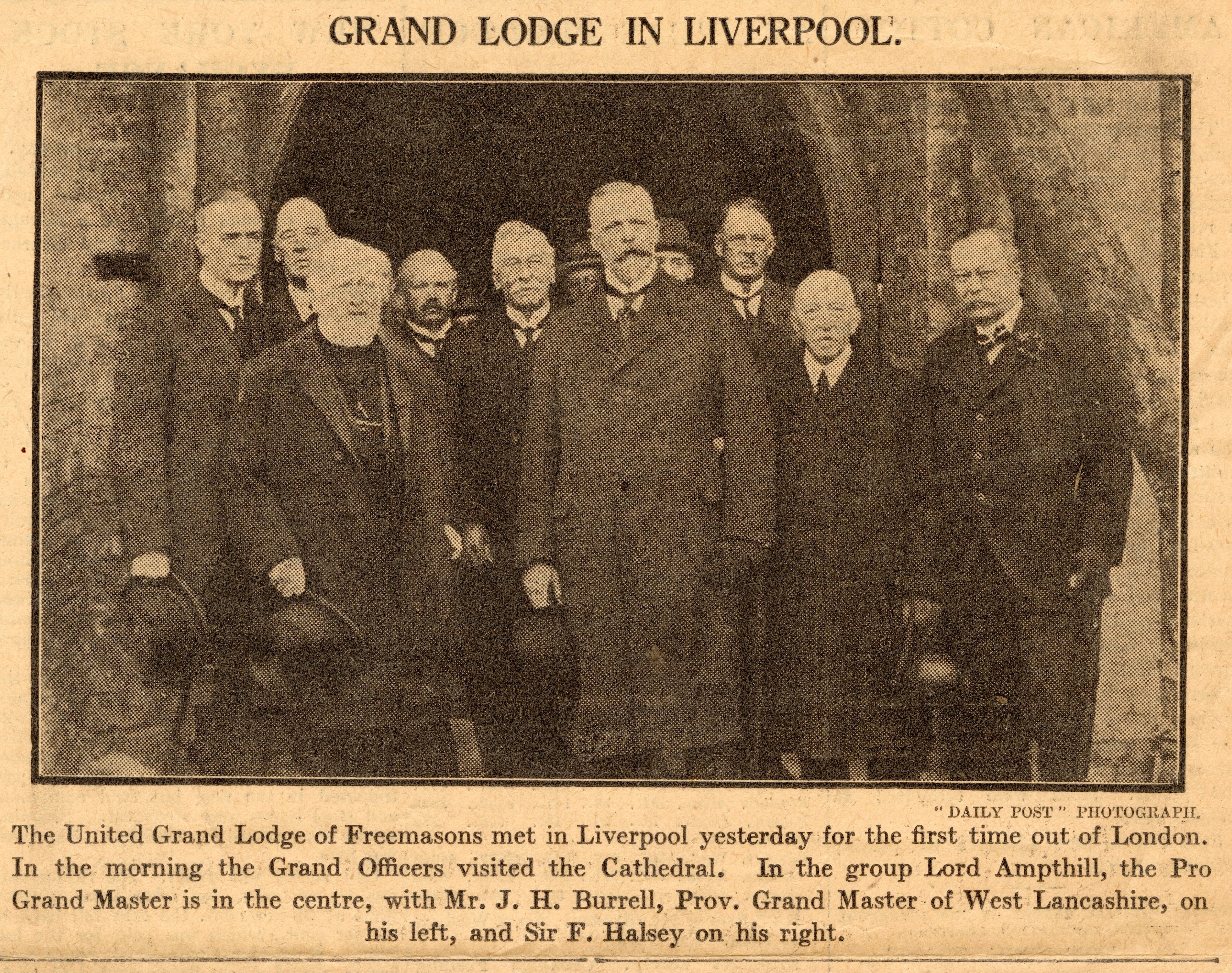 Press cutting with photo of the Grand Lodge delegation visiting the Liverpool Cathedral in 1923