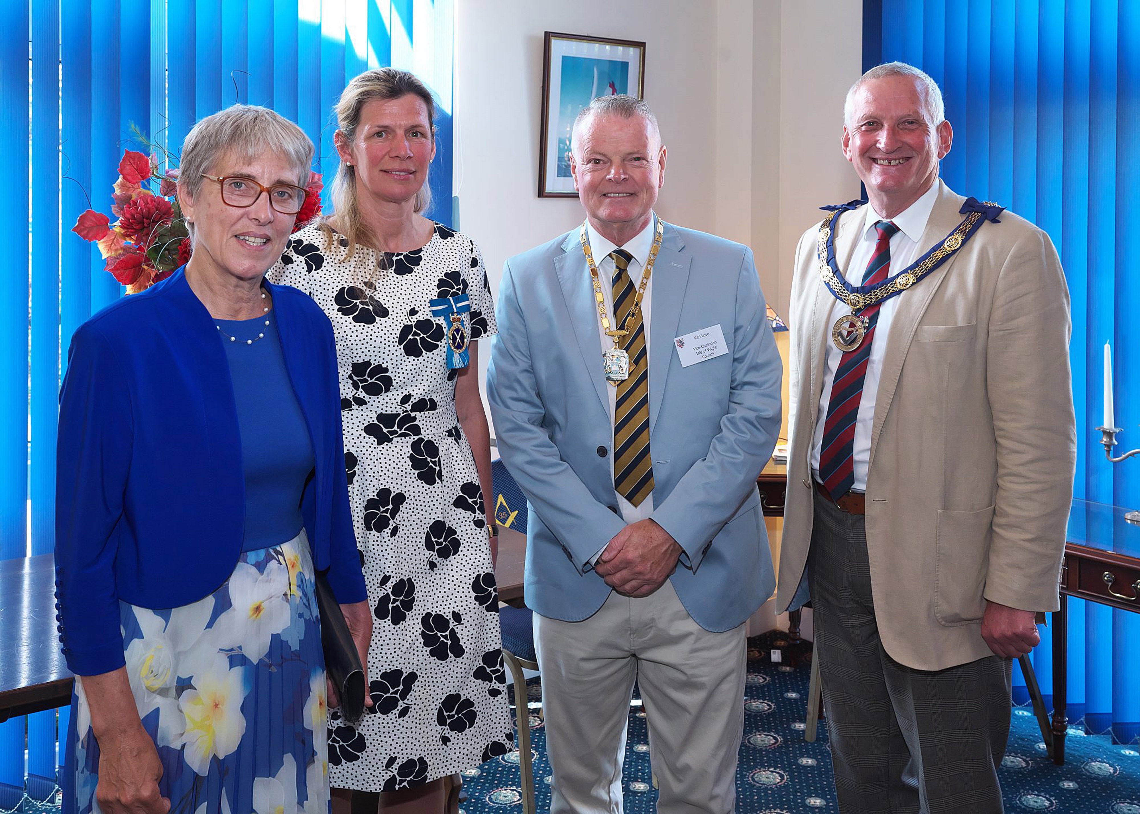 Isle of Wight Freemason Adrian Cleightonhills meets HM Lord Lieutenant of the Isle of Wight, Mrs Susie Sheldon, High Sheriff of the Isle of Wight, Mrs Dawn Haig-Thomas, Vice Chairman Isle of Wight Council, Mr Karl Love
