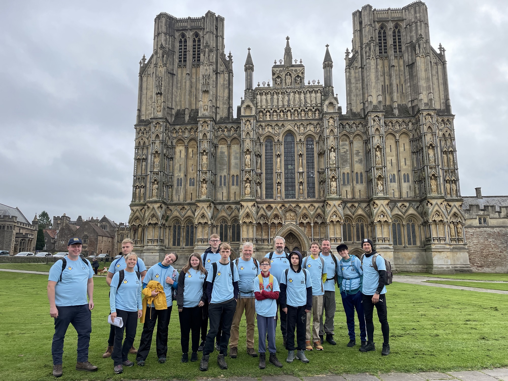 Duke of Edinburgh award scheme leads and Somerset Freemasons outside Wells Cathedral 