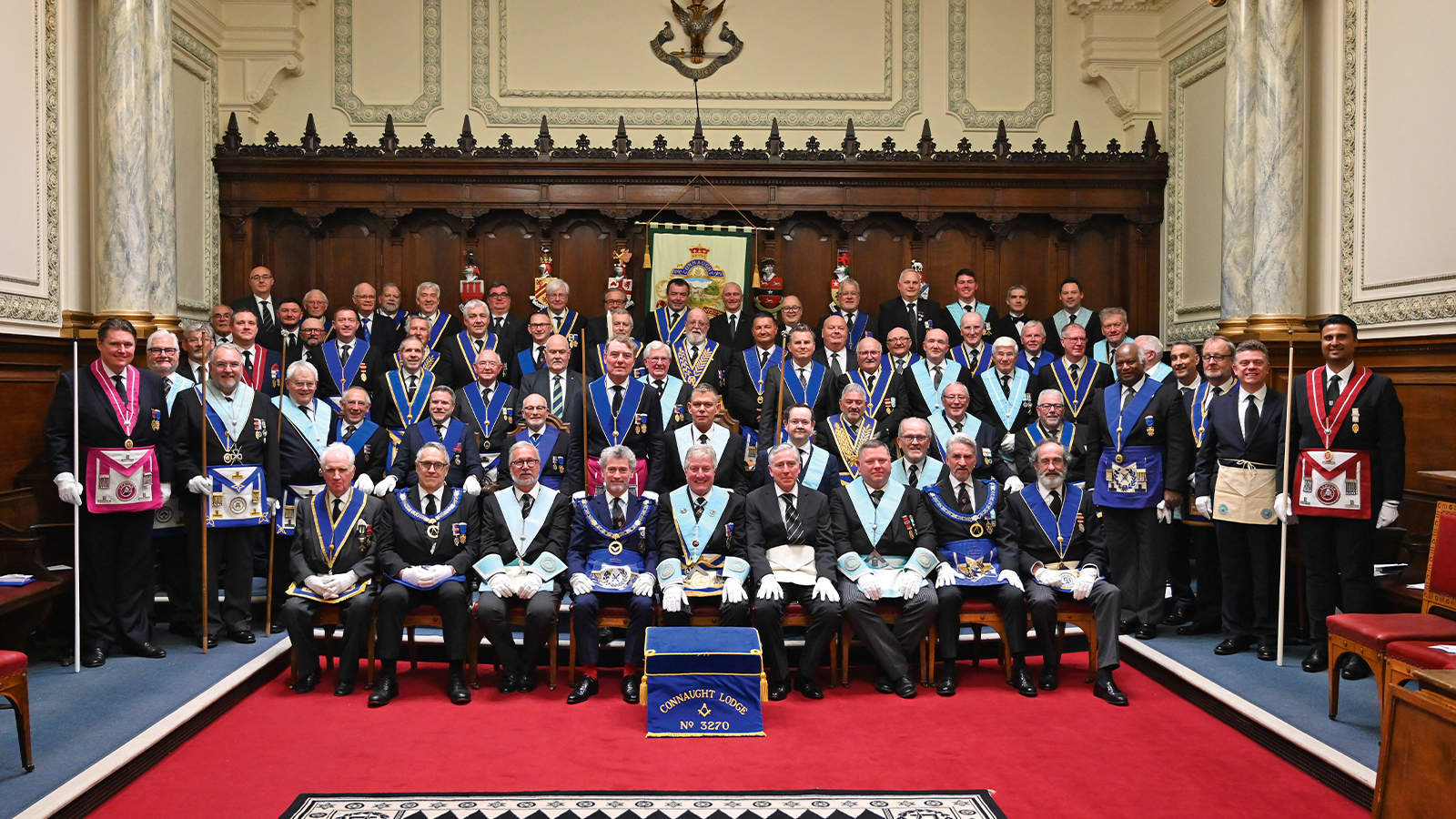 Connaught Lodge No. 3270 in full regalia, gather for a group photo.