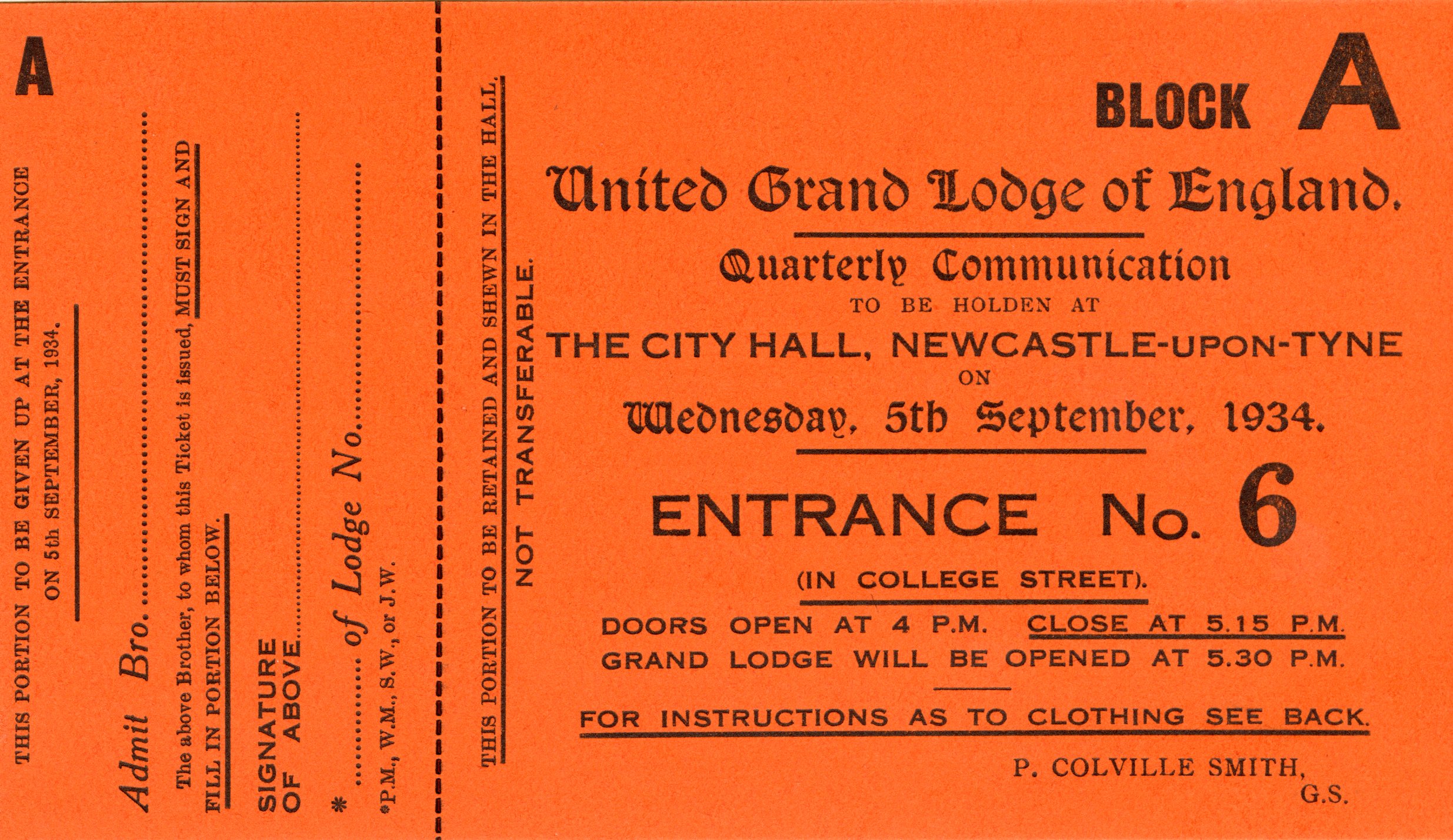 Orange ticket to access the September 1934 Quarterly Communication of Grand Lodge in Newcastle
