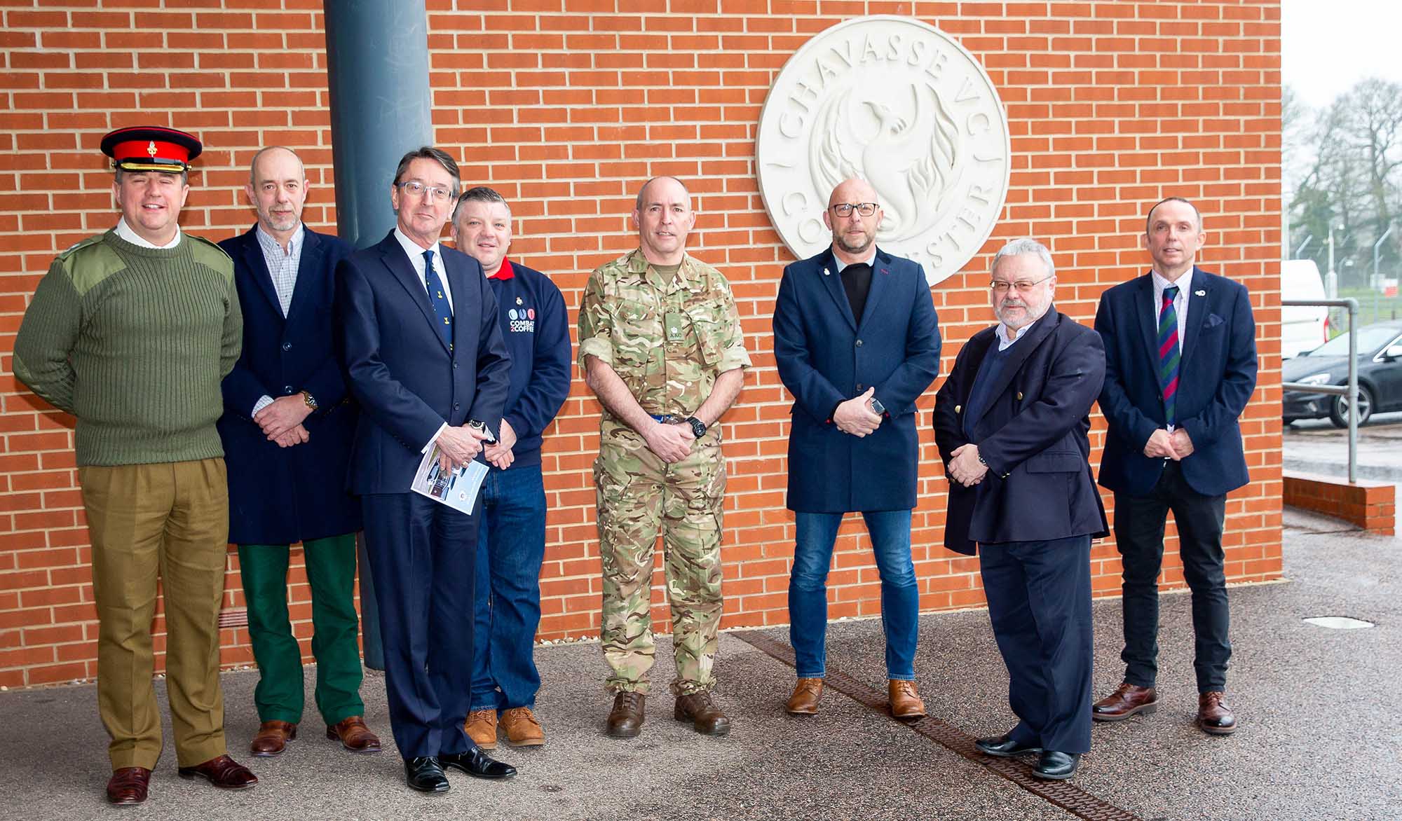 Outside the centre - L-R Lt Col. Ed Rankin, Steve Harris, Paul Tarrant, Nigel Seaman, Maj. Colin Peall, Dave Hawtin, Chris Hicks and Simon Ferrier