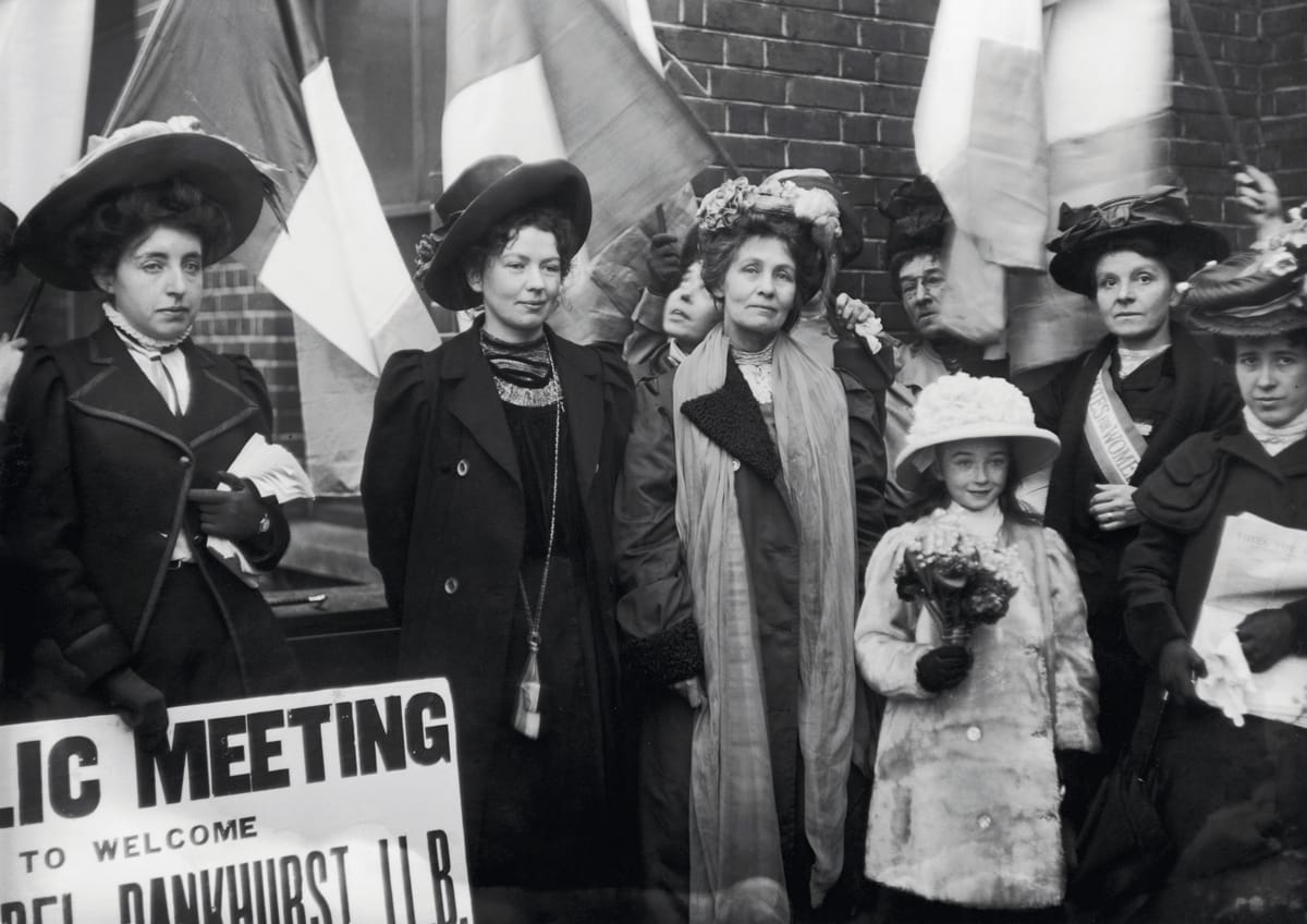 Emmeline and Christabel Pankhurst leaving Bow Street, where they were imprisoned. In 1914, Emmeline ceased all suffragette activities to help with the war effort, c.1910