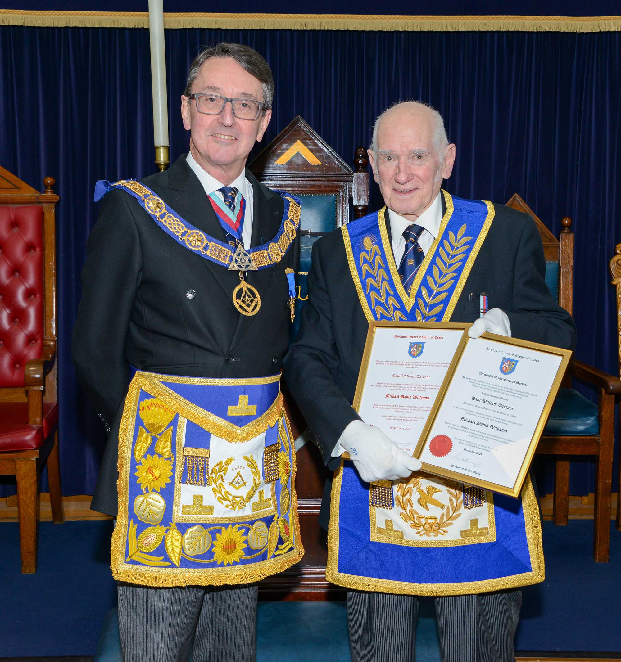 Essex Freemason MIchael Withams receiving his 60-year certificate