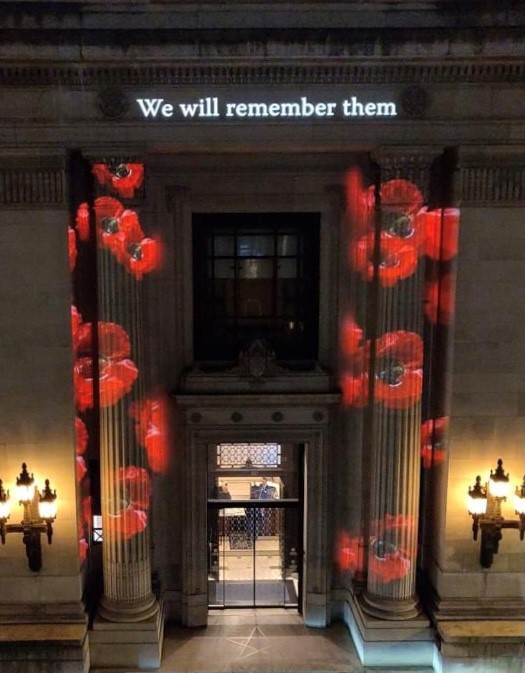 Projection on the side of Freemasons' Hall in London dedicated to the Armistice Day and Remembrance Sunday