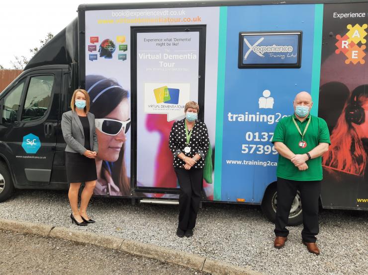 Home Manager Alison Aberdeen, Deputy Home Manager Teresa Picton and Home Trainer Ian Morgan with the Dementia Bus.