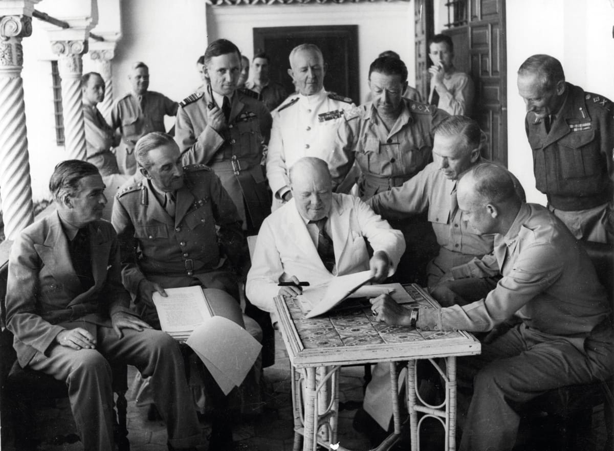 General Sir Harold Alexander, Anthony Eden, Lord Alanbrooke, Winston Churchill, Air Chief Tedder, Admiral Sir Andrew Cunningham, General Marshal, General Dwight D. Eisenhower, and General Bernard Montgomery, 6 August 1943 Hulton Archive/Getty Images