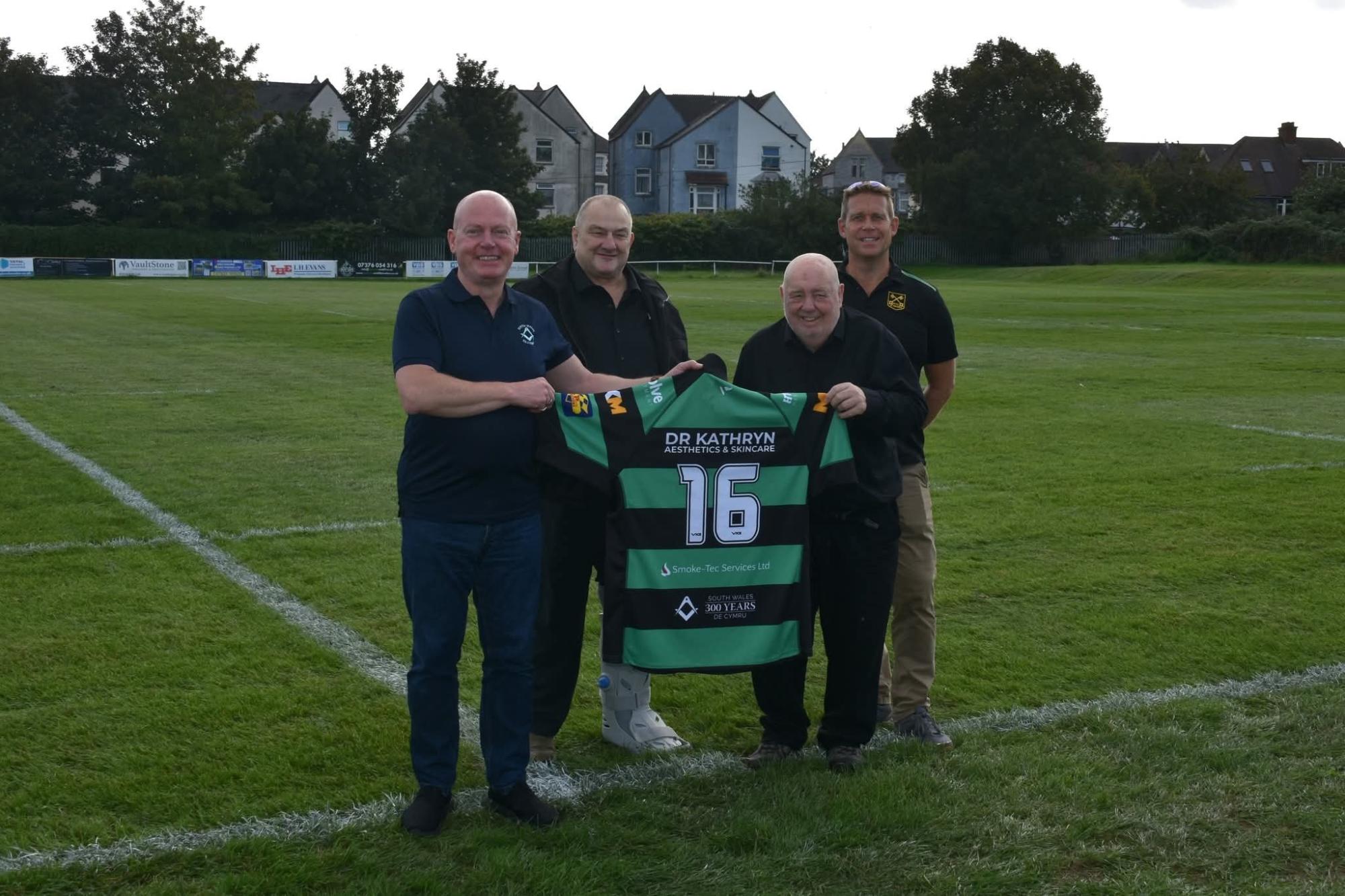 South Wales Freemasons mark the start of a three-year community partnership with St Peter’s RFC in Cardiff. Pictured from left: Merrick Jones, Chris Gough, Terry Thompson, Secretary of St Peter’s RFC, and Pete Grzonka.