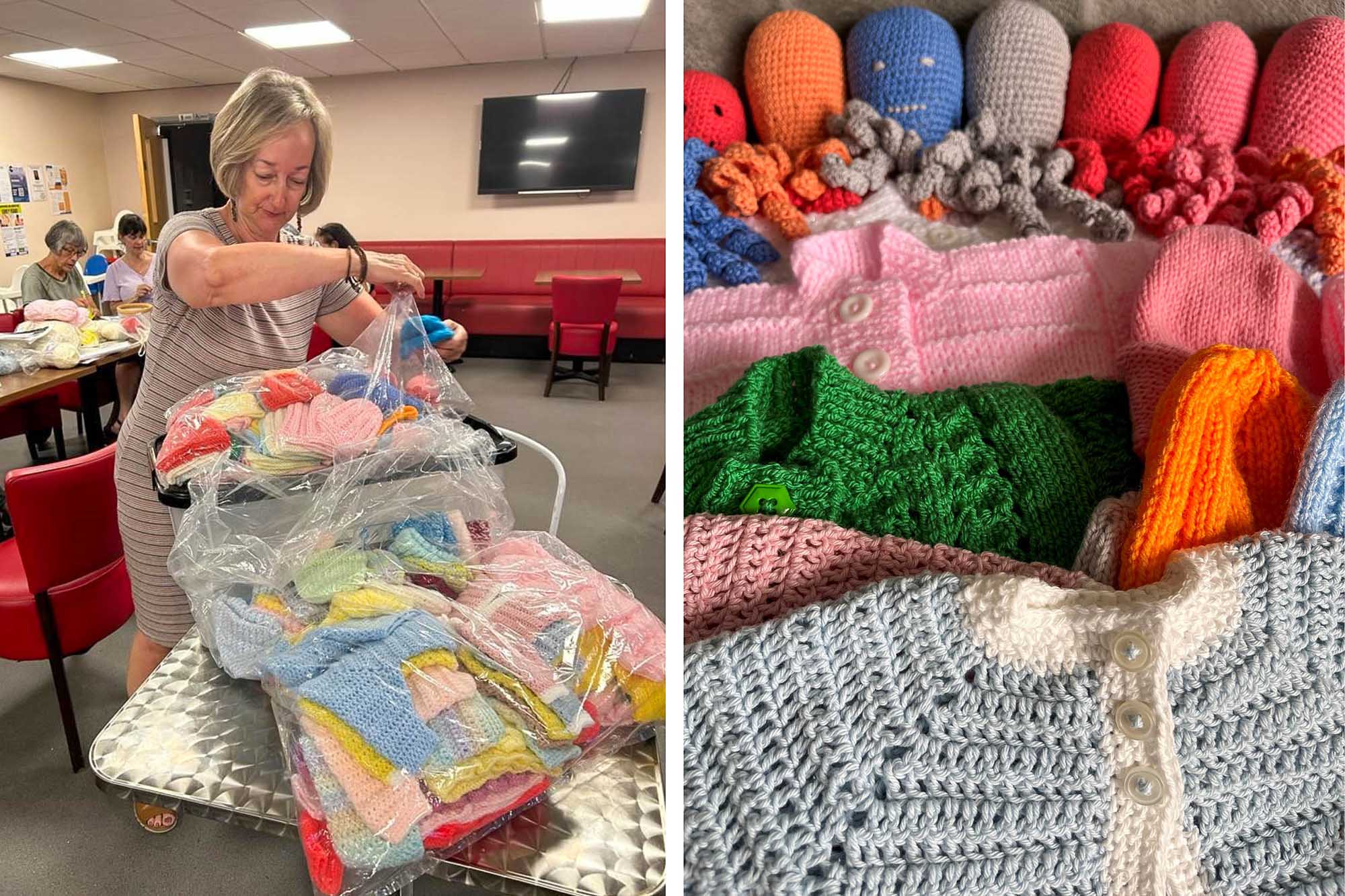 Sue Leech showing knitted octopus comforters, clothes and bonnets