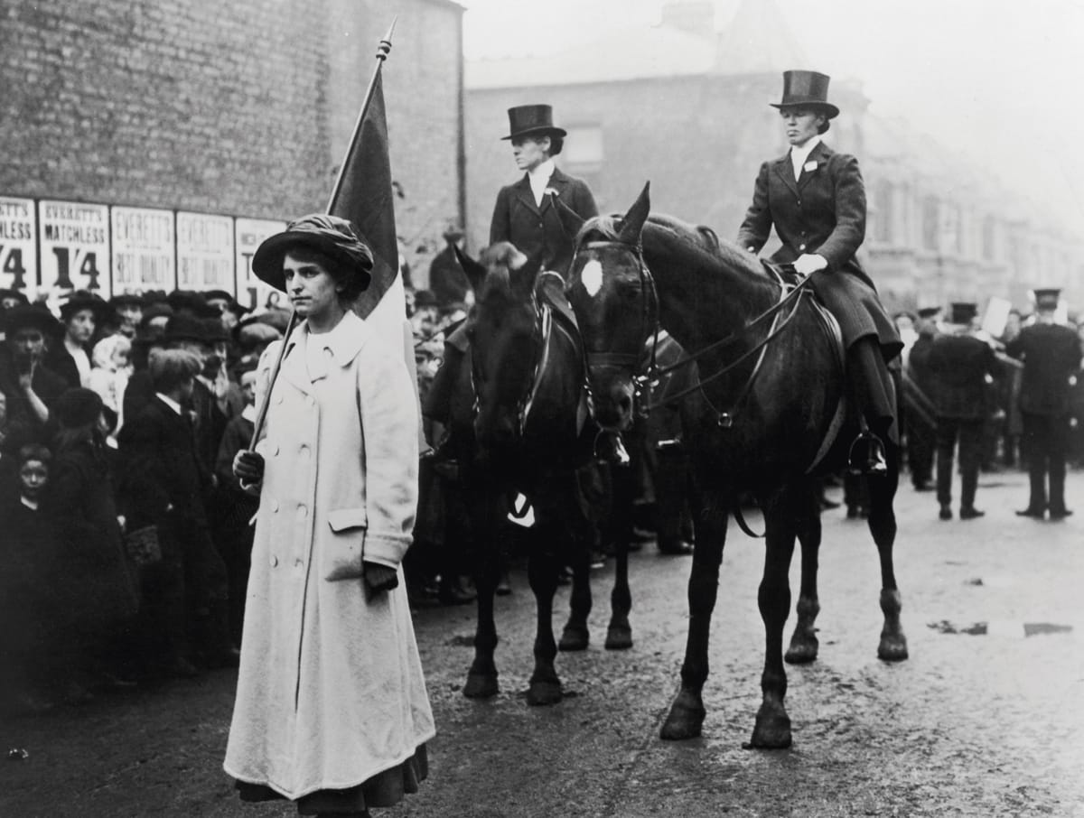 One of the riders, Evelina Haverfield, a prominent suffragette and Freemason, later founded The Women’s Emergency Corps in WWI, c.1919
