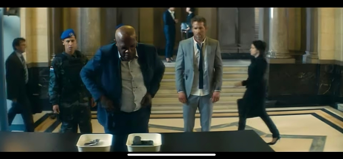 Michael Bryce (Ryan Reynolds) and Darius Kincaid (Samuel L Jackson) arrive at the International Criminals Court, the lobby for which was set in the Freemasons’ Hall, The Hitman’s Bodyguard 