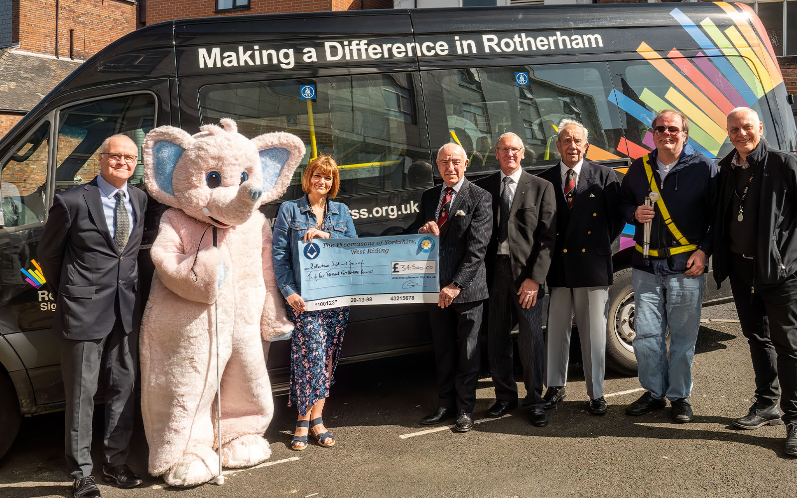 : From Left to Right: Chris Allen, Assistant Provincial Grand Master; Ellie, Sheffield Royal Society for the Blind and Rotherham Sight & Sound Mascot; Joanne Arden, Chief Executive Officer, Rotherham Sight & Sound; Duncan R Kilbride, Chairman, West Riding Masonic Charities Ltd; Stuart Sigger, Worshipful Master, Sandbeck Lodge; Geoff Simmonite, Charity Steward, Sandbeck Lodge; Paul Bailey, Rotherham Sight & Sound Client; Steve Loane, Rotherham Sight & Sound Fundraising Manager.