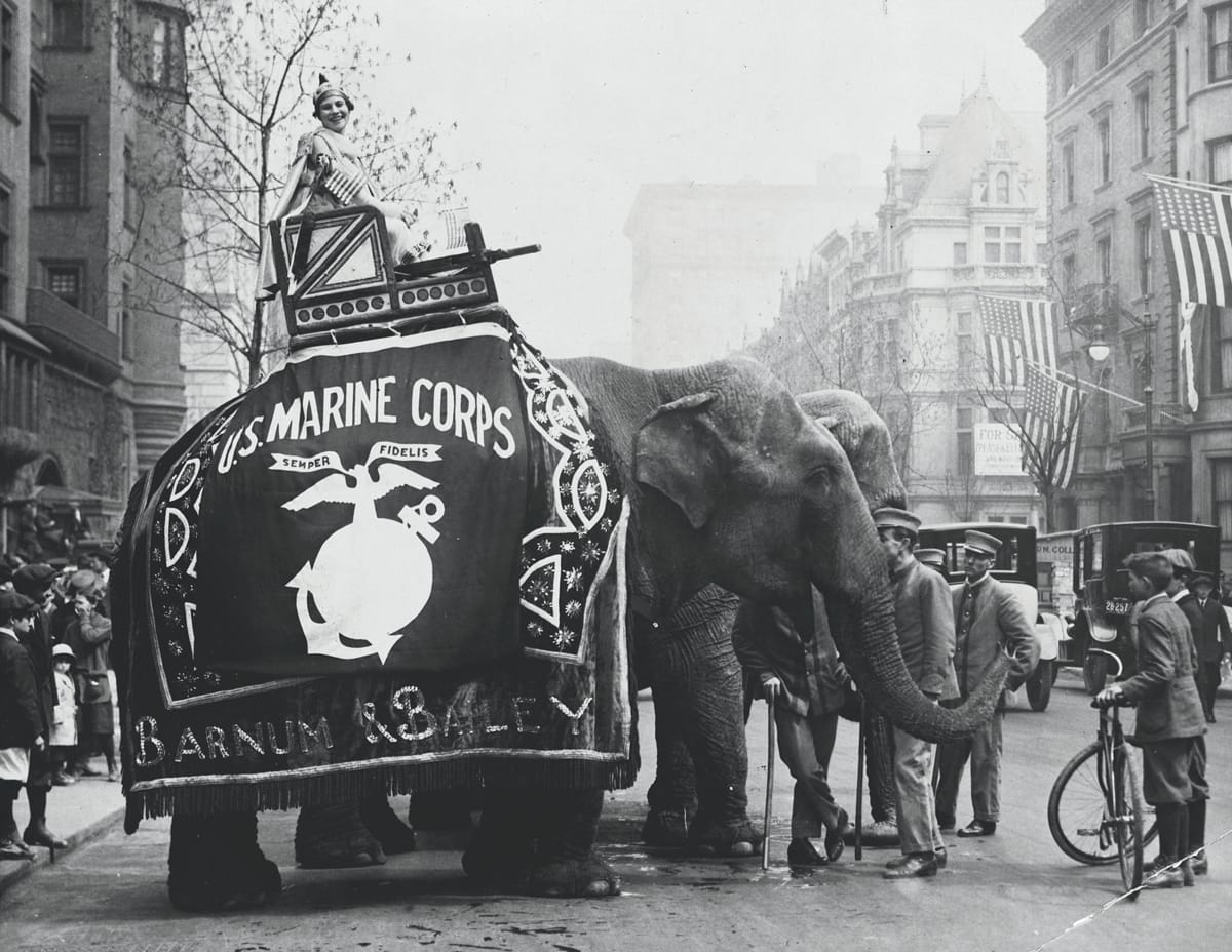 Barnum and Bailey circus elephants used to recruit U.S. Marines, c.1917
