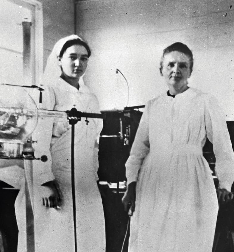 Madame Curie and her teenage daughter, Irene Curie, amassed a fleet of vehicles equipped with X-Ray machines, saving untold soldiers’ lives, c.1915